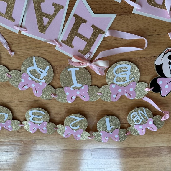 TWO Happy 1st Birthday Banners + month pic banner Minnie pink gold - Picture 5 of 7
